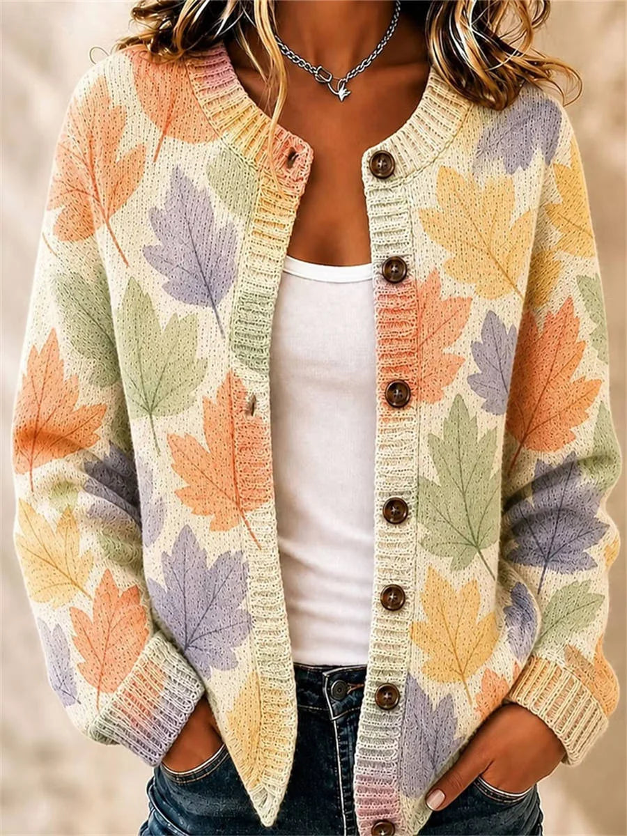 Women's Fall Maple Leaf Pattern Watercolor Art Print Long Sleeve Sweater Cardigan