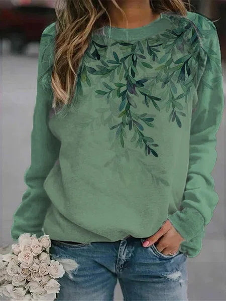 Green Casual Graphic Tops Round Neck Leaves Printed Long Sleeve Sweatshirts