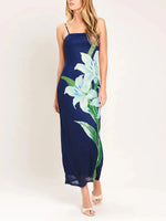 Navy Lily Print Spaghetti-Strap Bias-Cut Maxi Dress