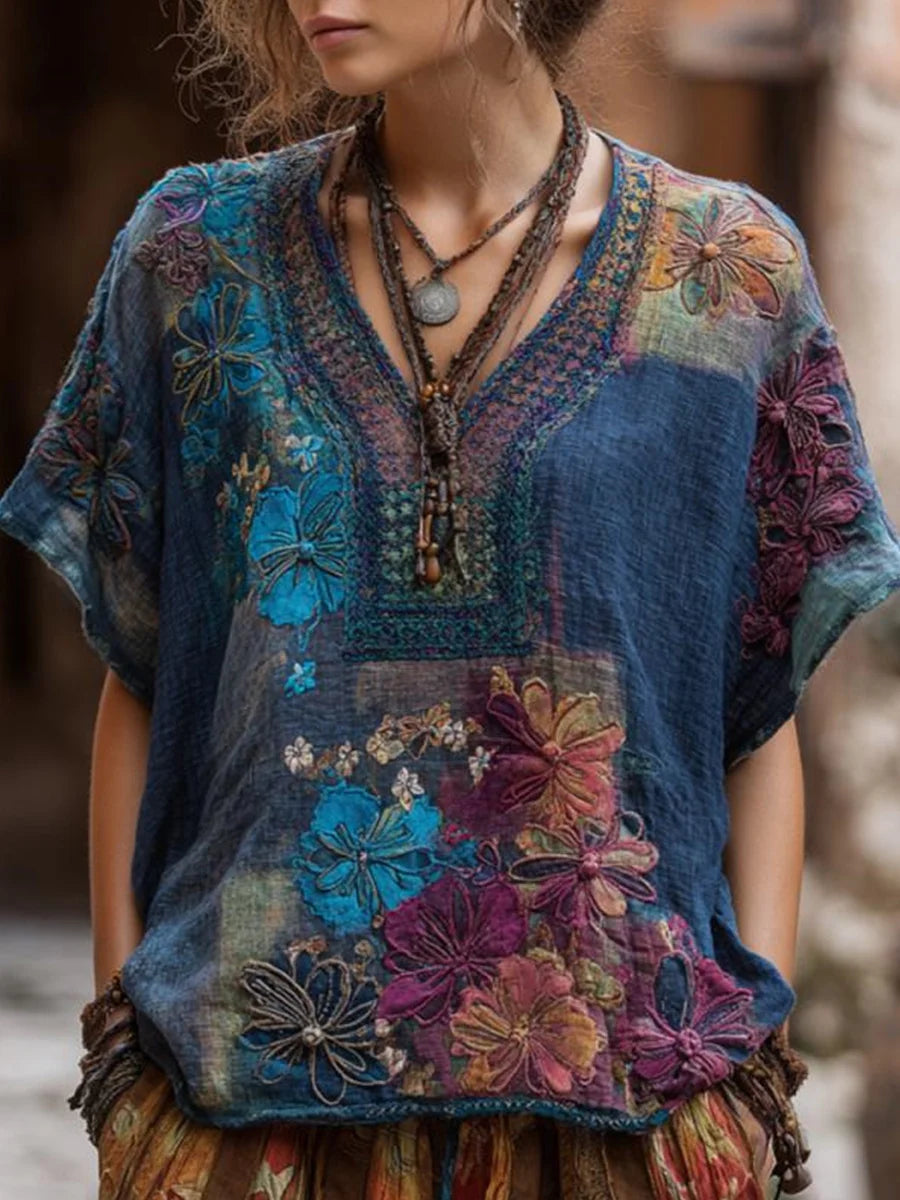 Vintage Floral Print V-neck Short Sleeve Blouse