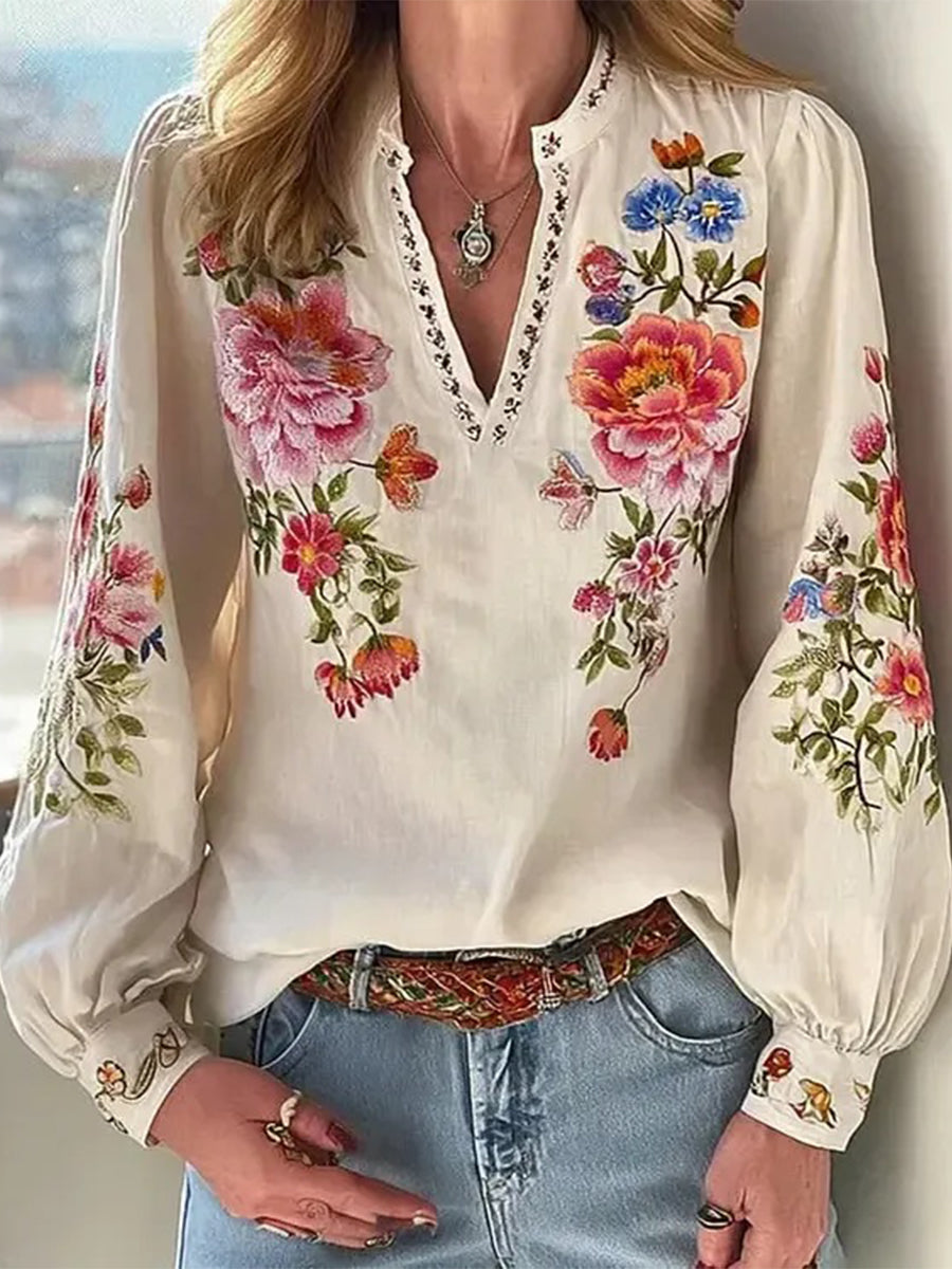 Popular V-Neck Floral Print Long Sleeve Top