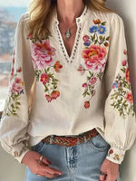 Popular V-Neck Floral Print Long Sleeve Top