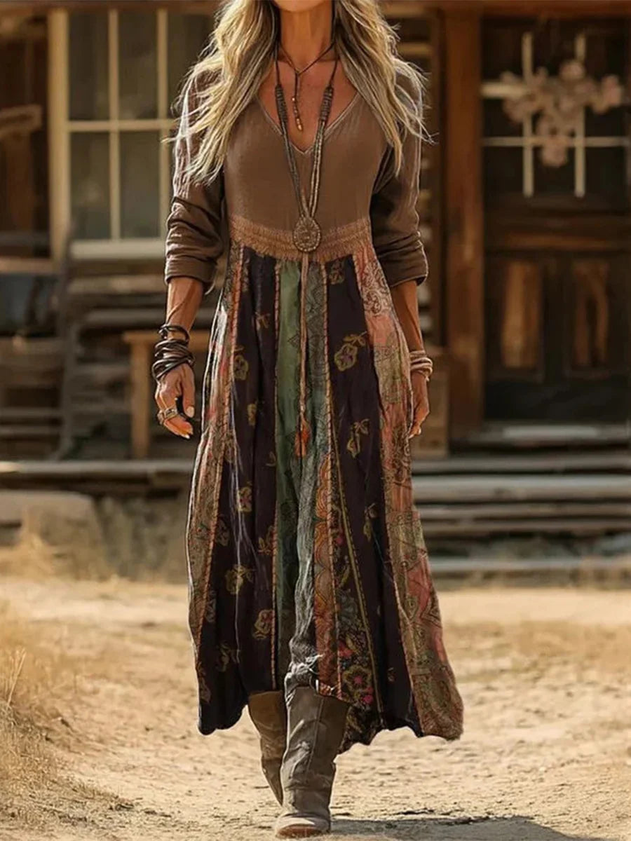 Vintage Casual V-neck Long Sleeve Dress