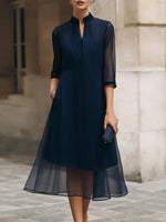 Elegant Blue Plain Chiffon 3/4 Sleeve Midi Dress