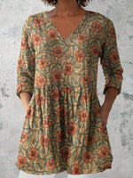 Vintage Floral Print V-neck Long Sleeve Blouse