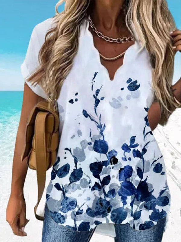 Blue Casual V-neck Short Sleeve Floral Printed Blouse