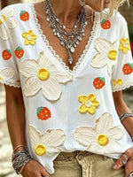 White Lace Trim Floral Strawberry V-Neck Short Sleeve Casual Tee