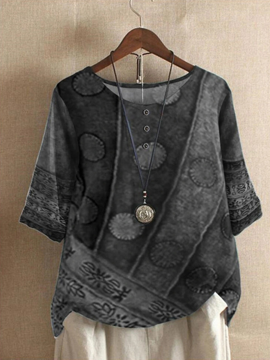 Casual Printed Round Neck Buttoned Loose Top