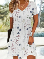 Popular Plant Print V-neck Short Sleeve Mini Dress