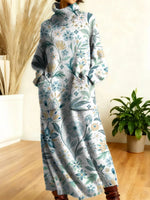 Women's Retro Floral High Neck Long Sleeve Casual Loose Knit Dress