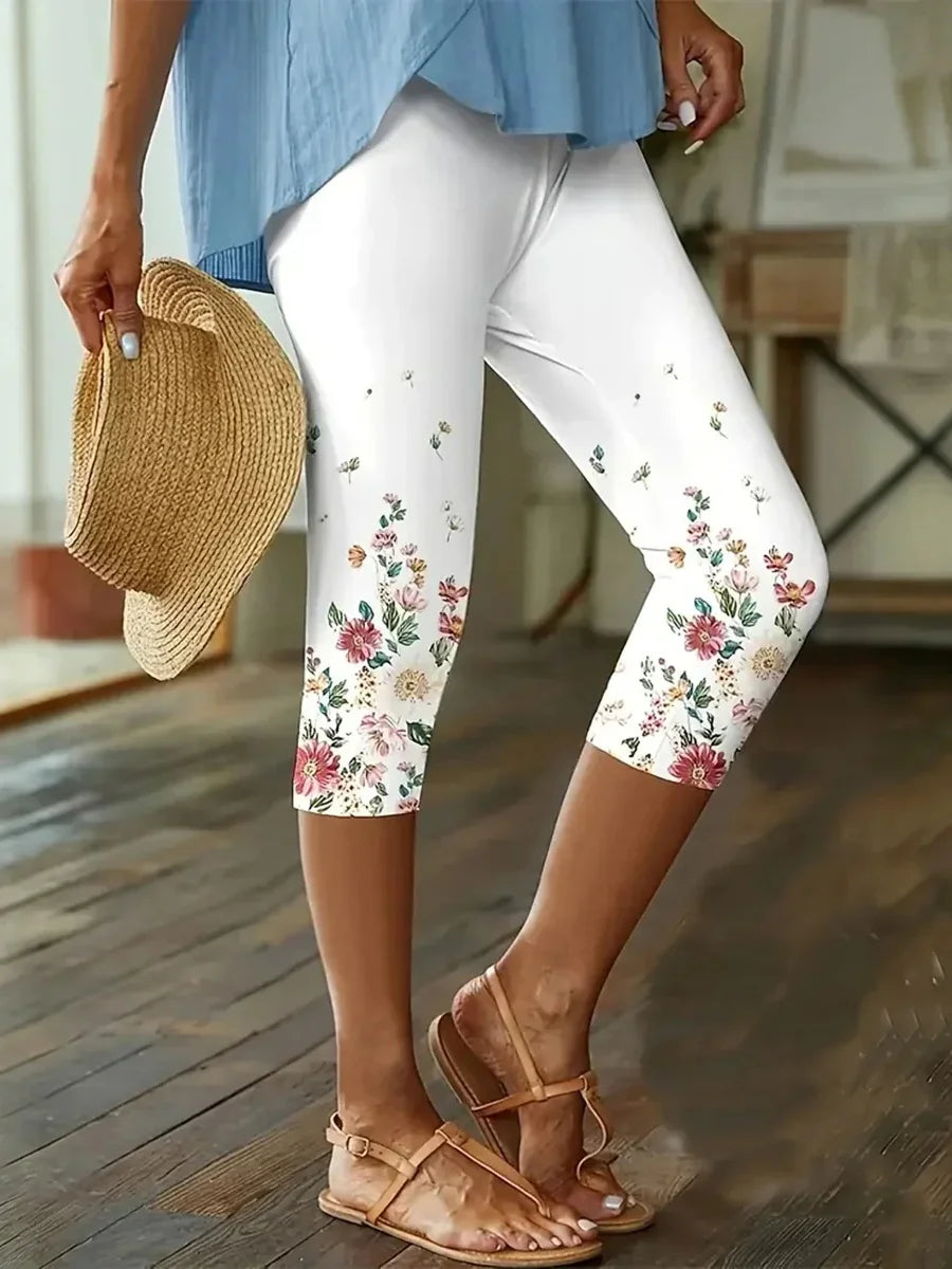 White Floral Print High-Waisted Capri Leggings