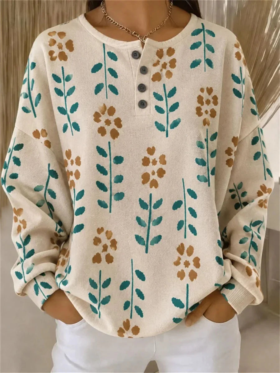 Casual Floral Henley Collar Long Sleeve Sweatshirt