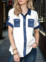 Casual Patchwork Lapel Short Sleeve Blouse