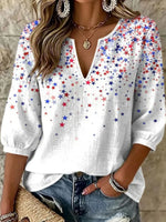 White Star Print Notch-Neck 3/4 Sleeve Casual Top