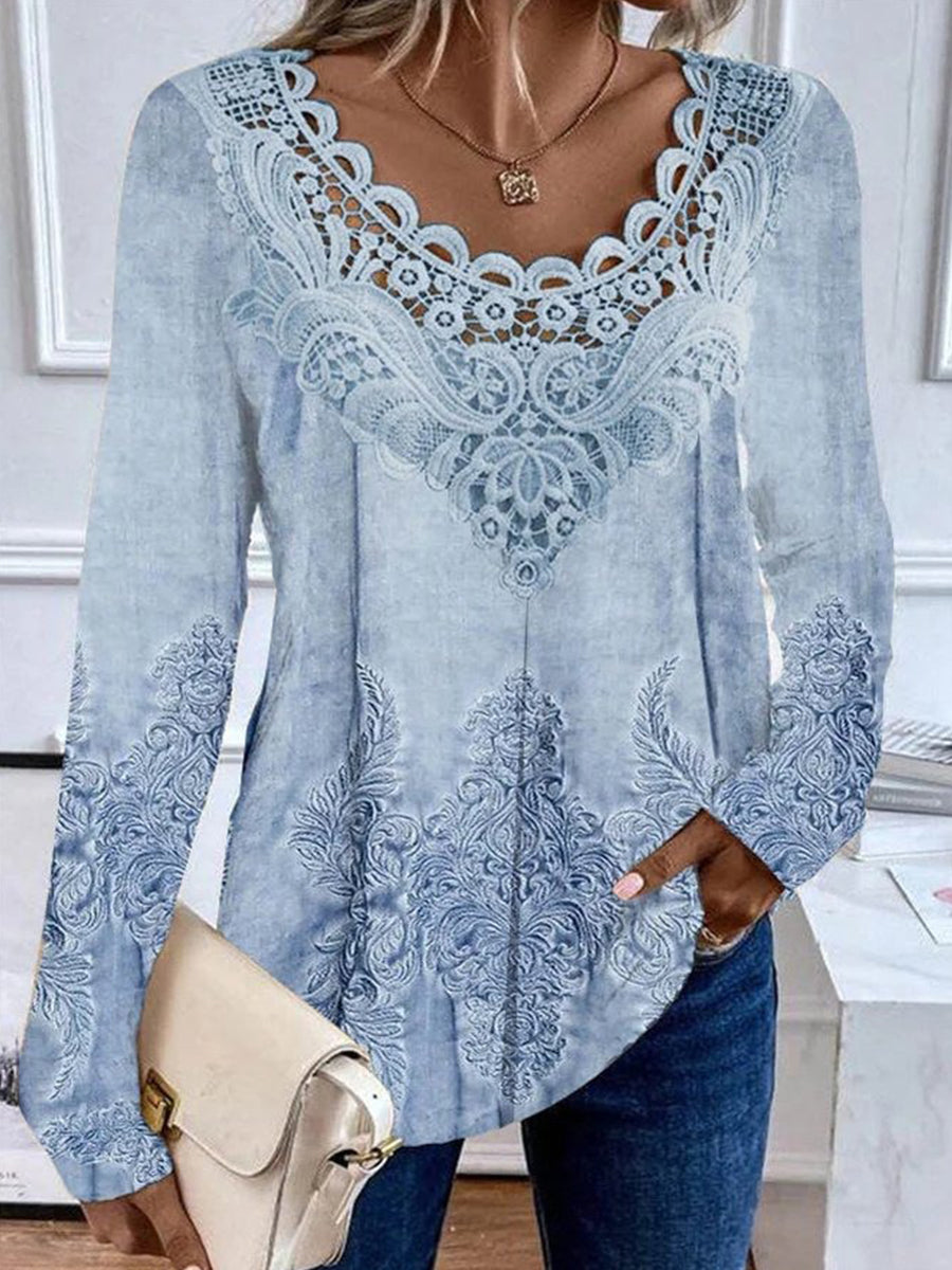 Chic Crew Neck Long Sleeve Lace Loose Blouse