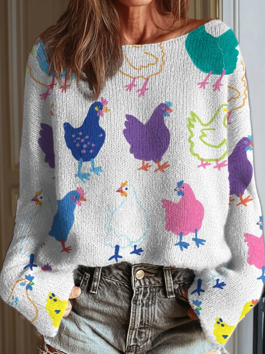 Women's Funny Chicken Art Print Casual Round Neck Long Sleeve Pullover Sweater
