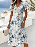 Watercolor Blue Leaf Print V-neck Short Sleeve Flowy Midi Dress