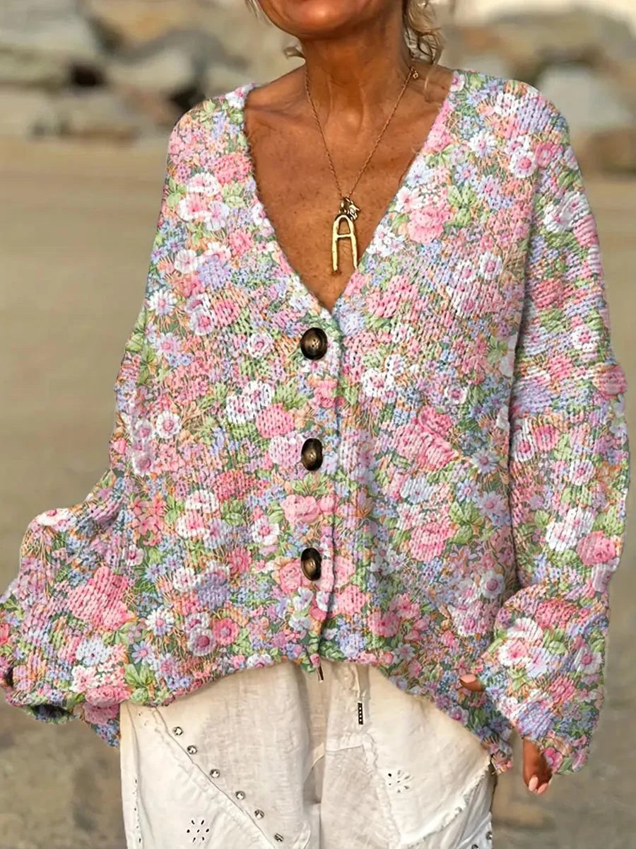 Women's Floral Pattern Art PrintV-neck Long Sleeve Casual Pullover Sweater