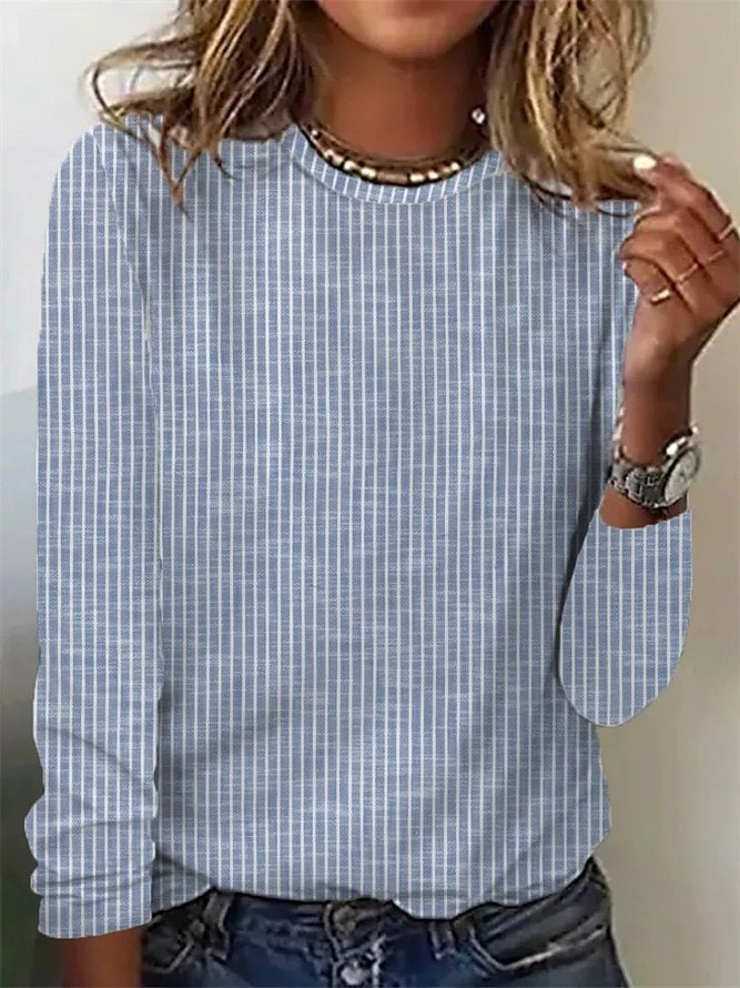 Multi Casual Round Neck Stripe Printed Long Sleeve Blouse