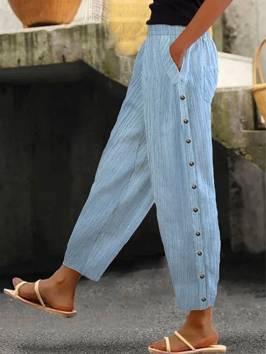 Blue Casual Texture Buckle Pocket Pants