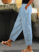 Blue Casual Texture Buckle Pocket Pants