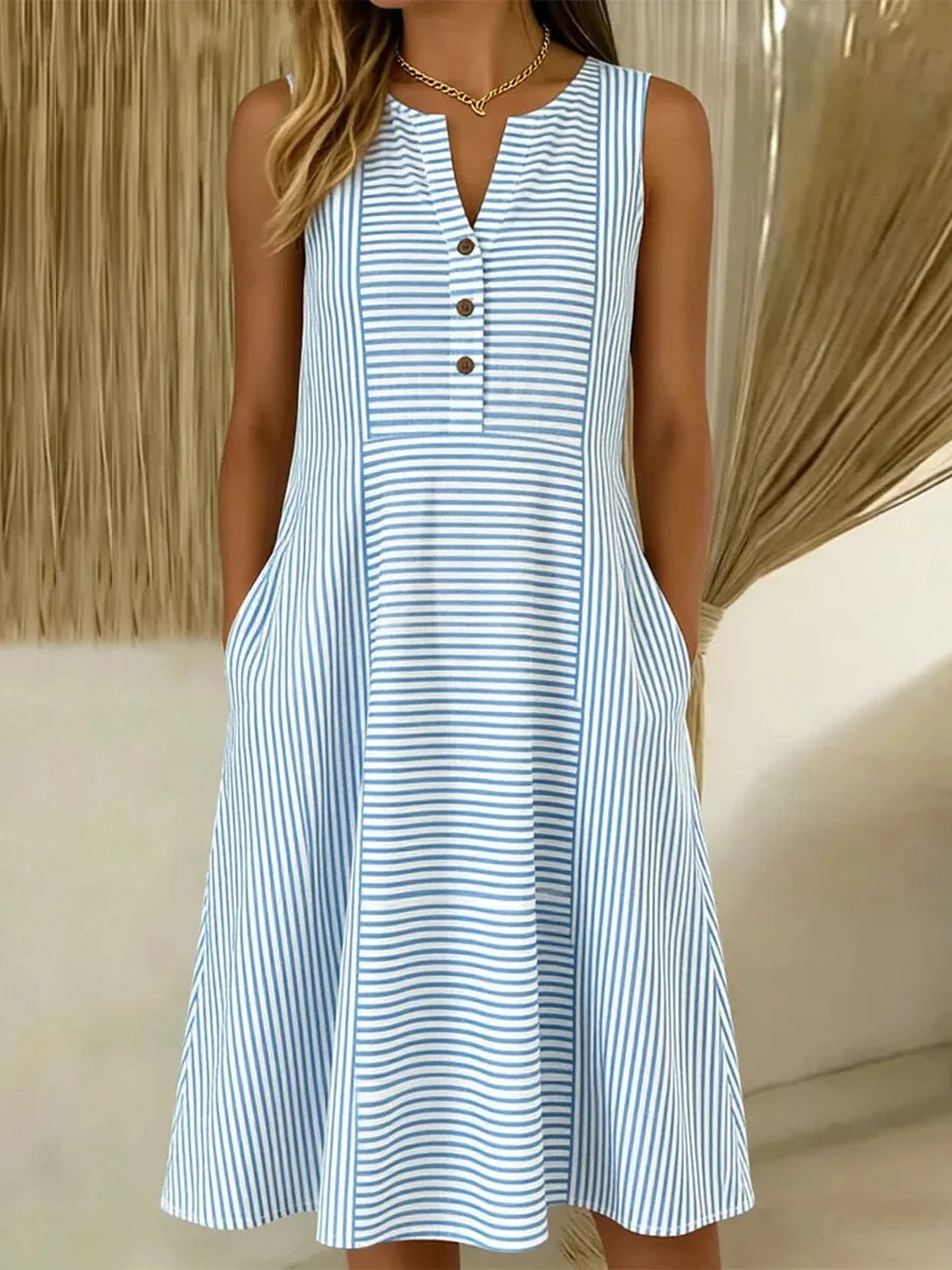 Blue Striped Sleeveless Henley Midi Dress