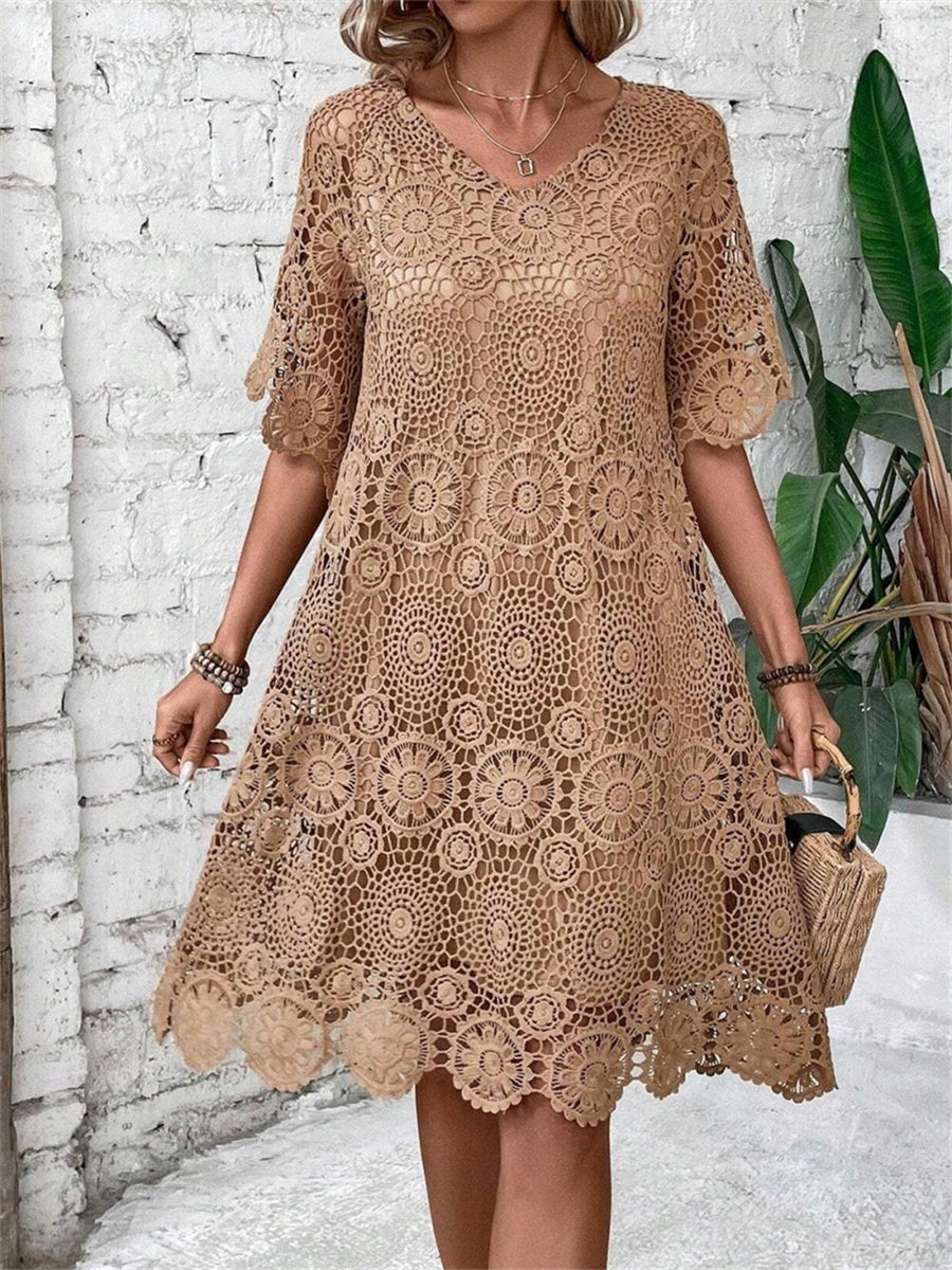 Khaki Lace Crew Neck Short Sleeve Hollow Out Short Dress