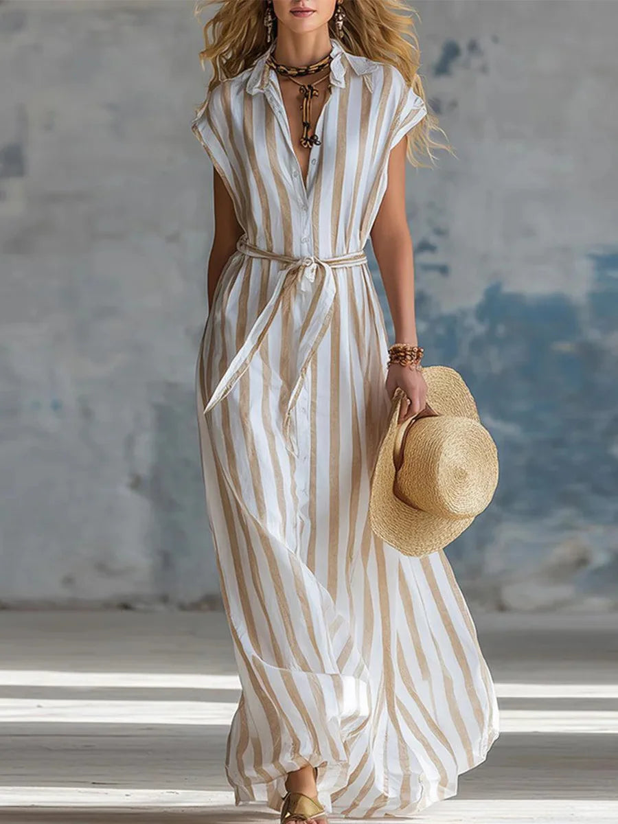 Stylish Short Sleeve Striped Maxi Dress