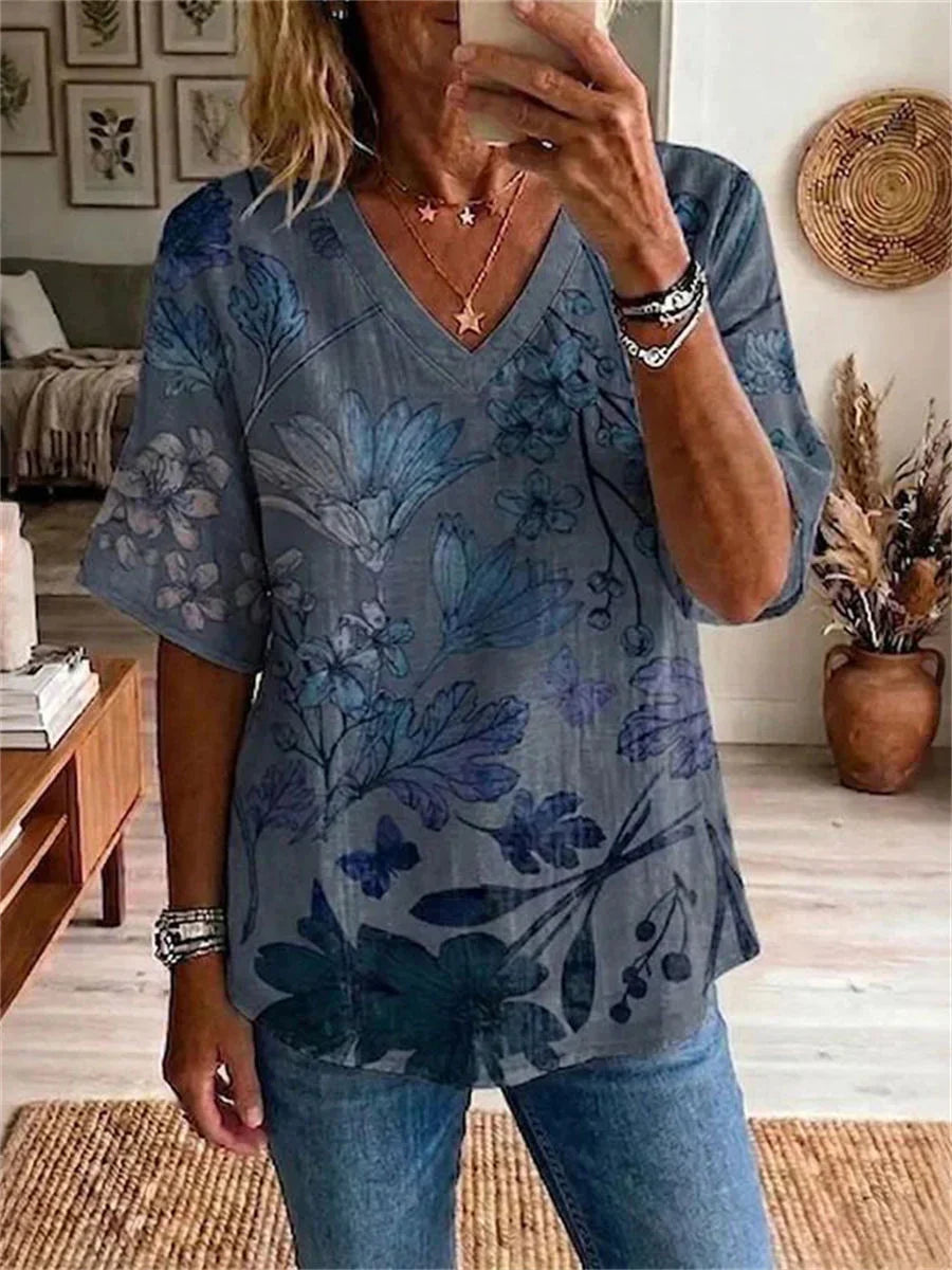 Vintage Floral Print Round Neck Short Sleeve T-Shirt