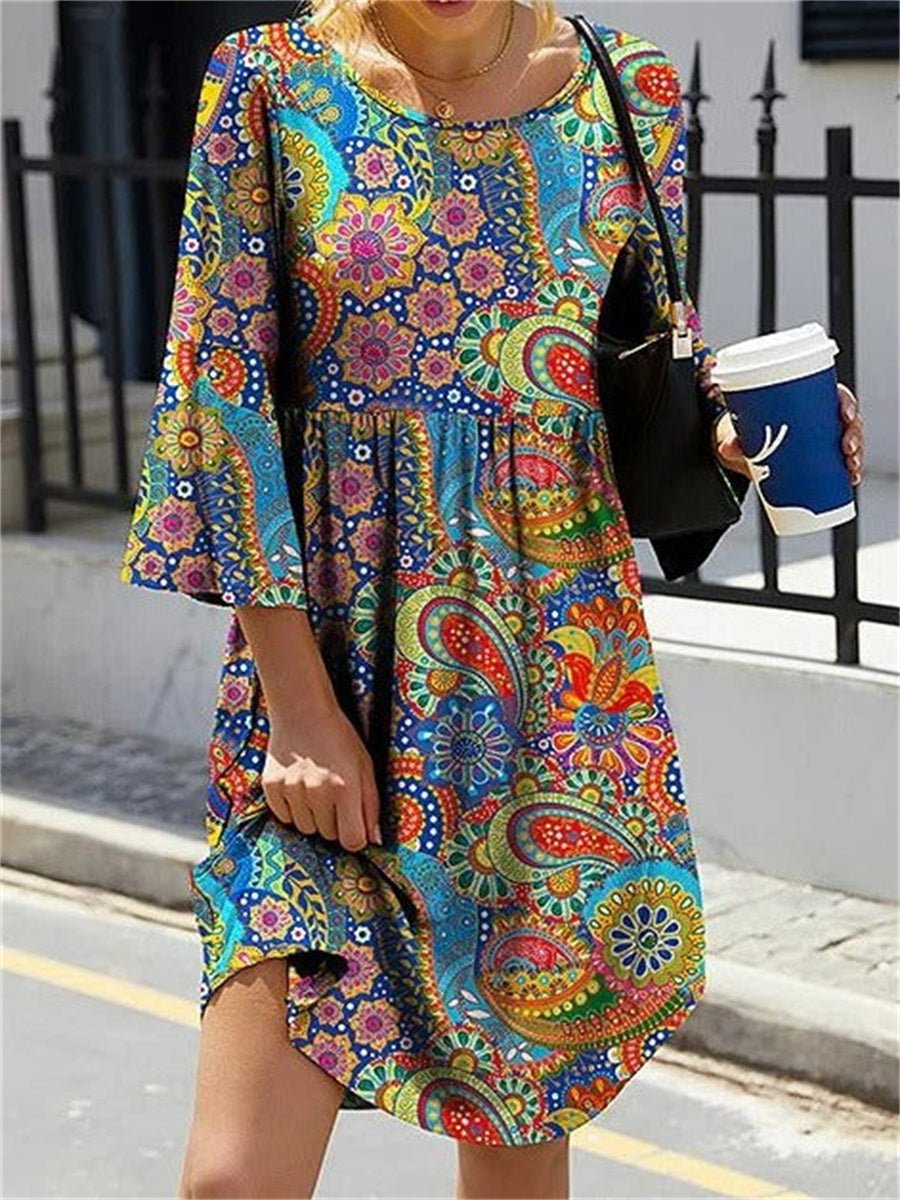 Round Neck Paisley Casual Mini Dresses