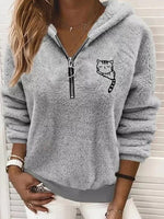 Gray Casual Graphic Tops Long Sleeve Cat Printed with Zipper Hoodies