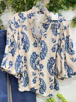 Blue Paisley Ruffle Neck Puff 3/4 Sleeve Button Shirt