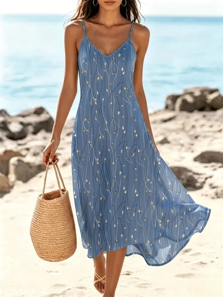 Women Leaf Spaghetti Sleeveless A-Line Dress