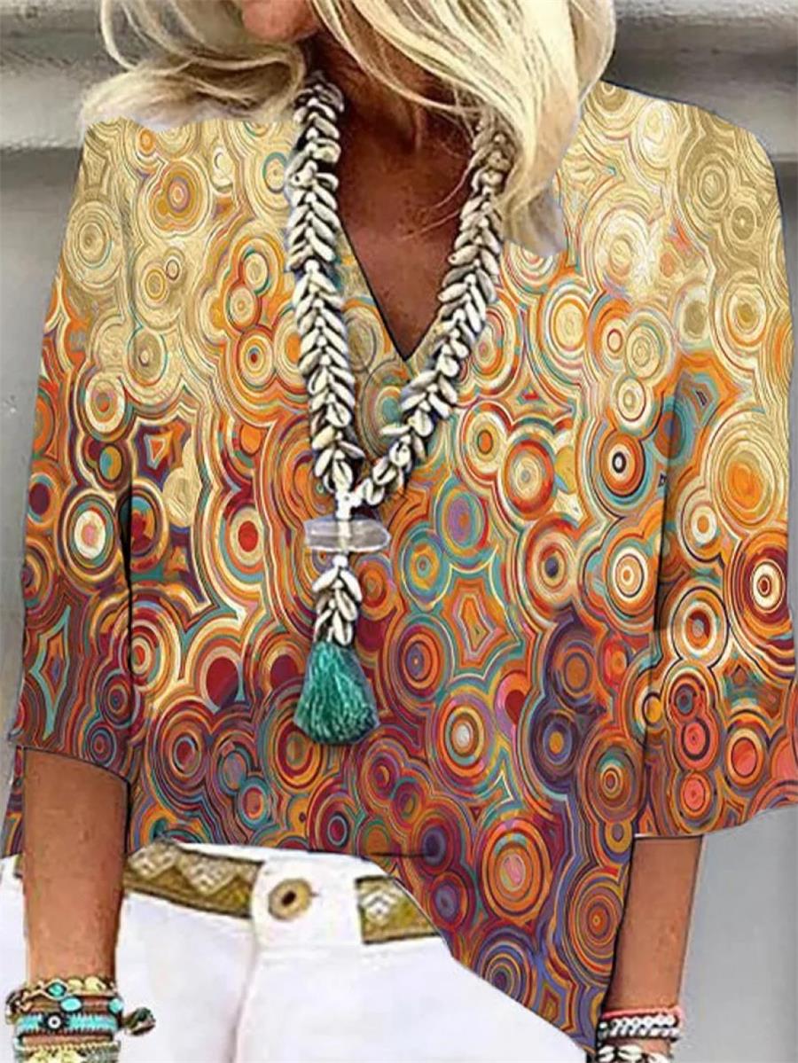 YellowCasual V Neck Printed 3/4 Sleeve Blouse