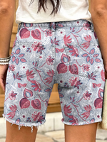 Women's Art Print Casual Denim Shorts with Ethnic Totem Floral Designs