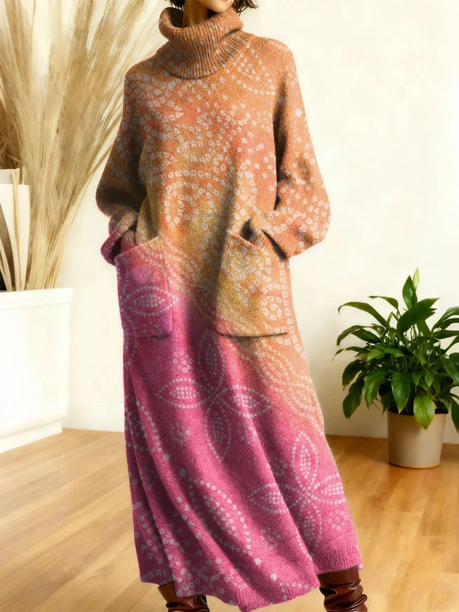 Women's Retro Floral High Neck Long Sleeve Casual Loose Knit Dress