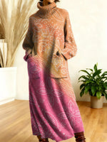 Women's Retro Floral High Neck Long Sleeve Casual Loose Knit Dress