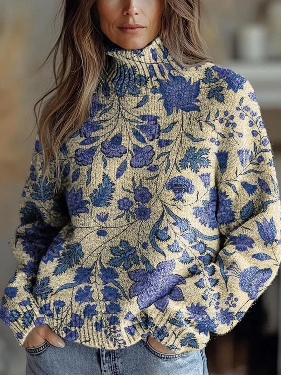 Vintage Lovely Floral Print Round Neck Long Sleeve Pullover Sweater