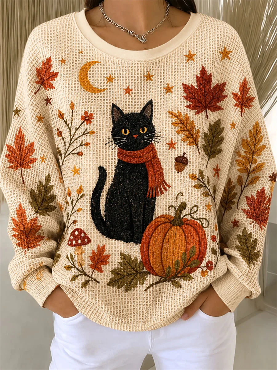 Casual Cat Crew Neck Long Sleeve Sweatshirt