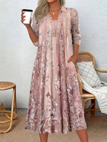 Women's Long Sleeve Scoop Neck Graphic Floral Printed Midi Dress