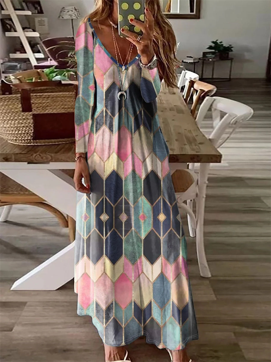 Geometric Long Sleeve V Neck Maxi Dress