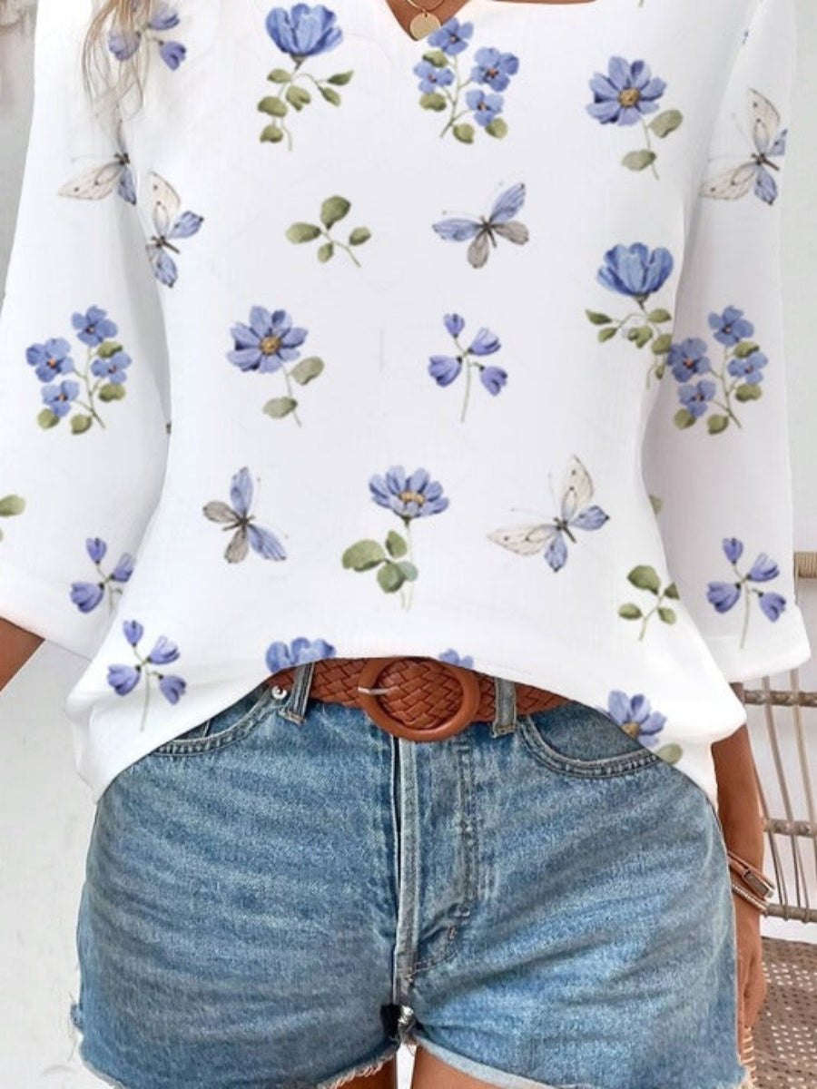 Cotton Floral Notched 3/4 Sleeve Cute Loose Blouse