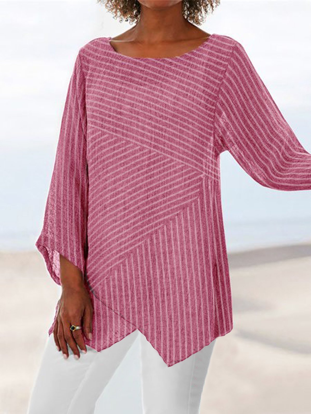 Women's Casual Striped Asymmetrical Hem Loose-Fit Long Sleeve Top