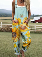 Women's Lovely Sunflowers Pattern Art Print Casual Wide Leg Jumpsuit