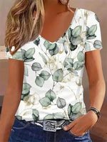 Women Floral Print V-neck Short Sleeve T-shirt