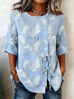 Light Blue Leaf Print Round Neck Tie-Front Half Sleeve Blouse