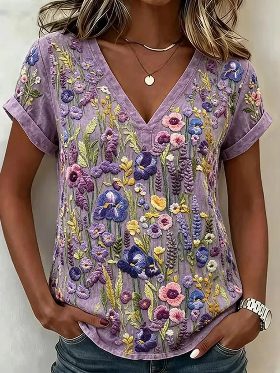 Vintage Floral V Neck Short Sleeve T-shirt