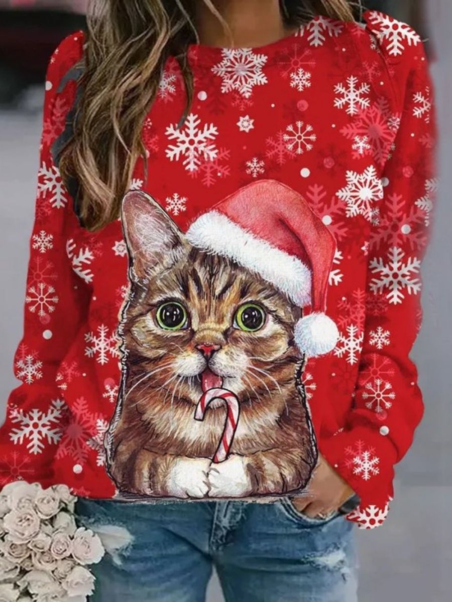Red Casual Graphic Tops Round Neck Cat Printed Long Sleeve Xmas Sweatshirts