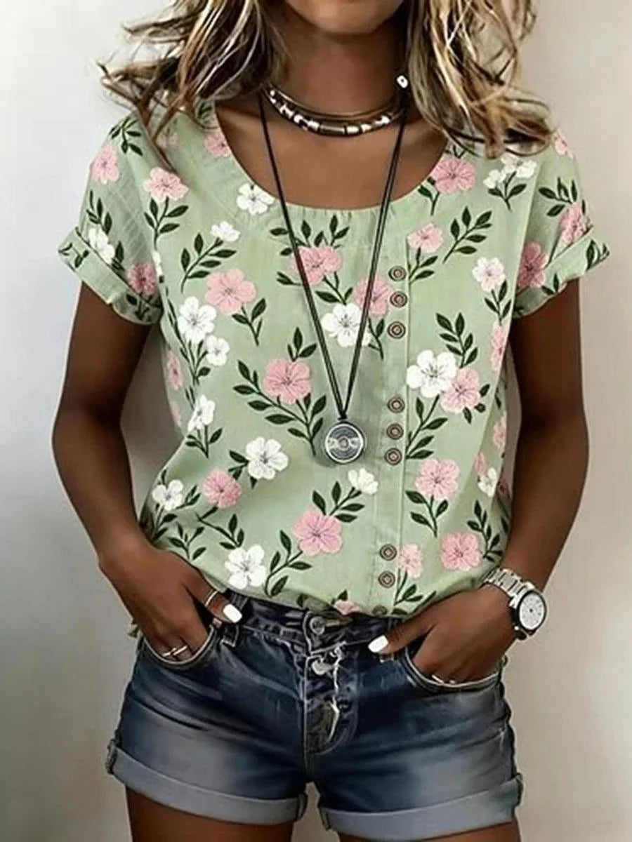 Sage Pink Floral Round Neck Short Sleeve Button Blouse
