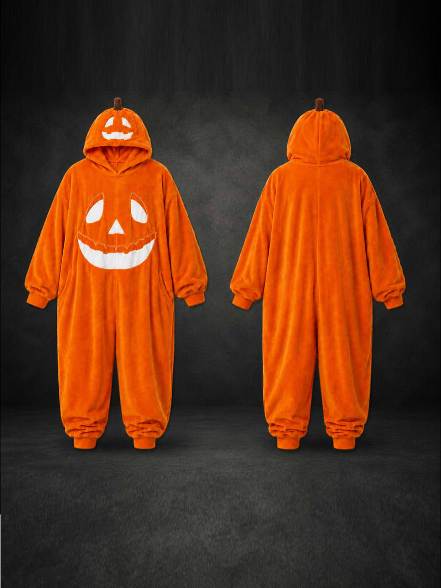 Ghost Pumpkin Hooded Onesie – Plush Halloween Jumpsuit
